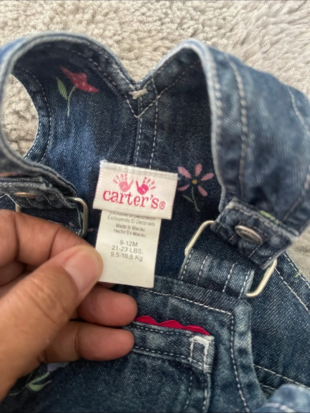 Vintage Carter’s Baby Girl Denim Floral Overalls Blue Sz 9/12M